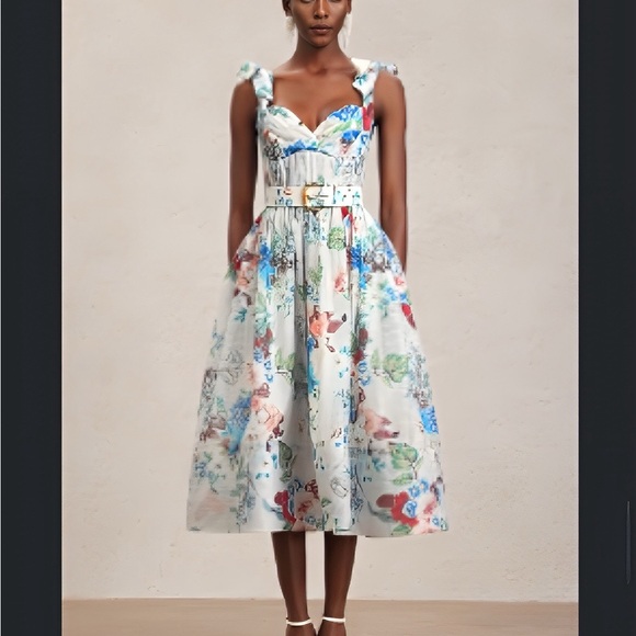 Chic Floral Midi Dress with Belt - Picture 1 of 8